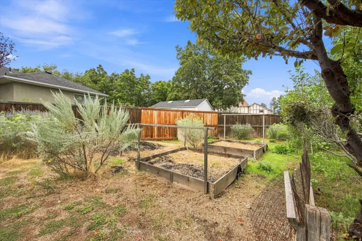 Expansive backyard featuring multiple raised garden beds, mature trees, and wood fencing