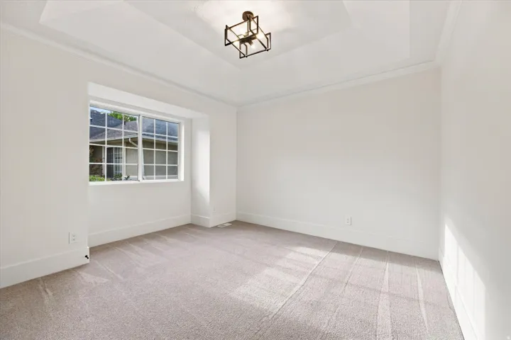 Recessed tray ceiling with crown molding and an architectural light fixture