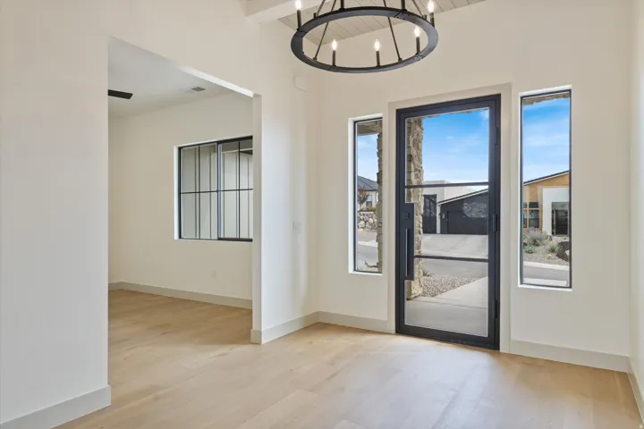 Light wood-finish flooring, a black-framed glass entry door, two narrow vertical windows, and a black circular chandelier