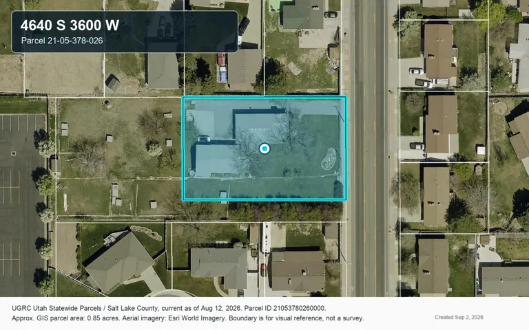 Aerial Map. Displaying the property's boundaries and identifying information, with an approximate GIS parcel area of 0.85 acres