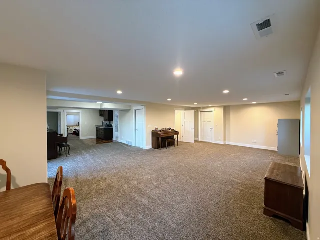 Expansive carpeted area with recessed lighting, multiple white doors, and a partial view of an additional space with dark cabinetry