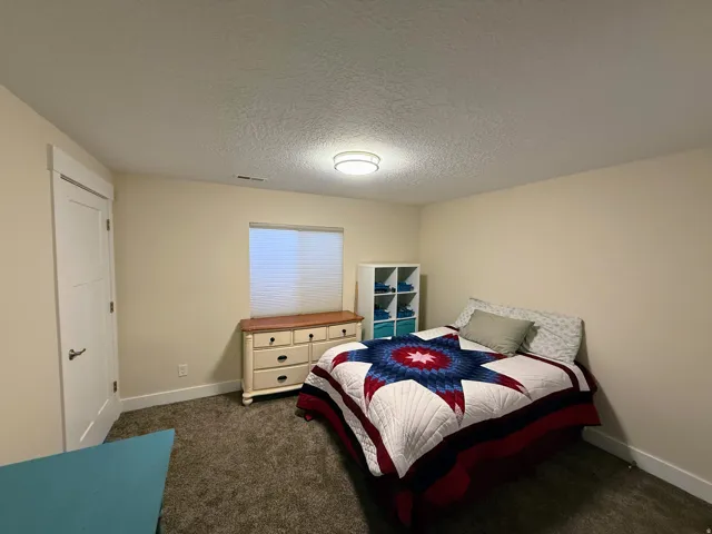 Wall-to-wall carpeting, neutral wall color, ceiling-mounted light fixture, window with blinds, and a white interior door
