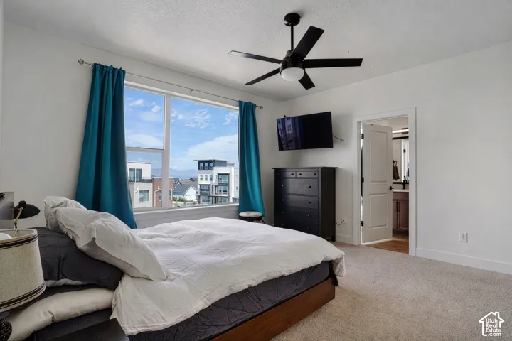Light-toned carpeting, white walls, and a black ceiling fan with an integrated light fixture