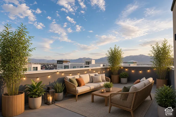 Rooftop patio with string lighting, mountain backdrop, and multiple planters