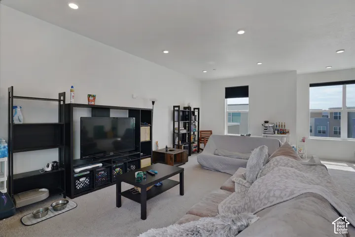 White walls with recessed lighting, multiple windows with roller shades, and light-toned carpeting