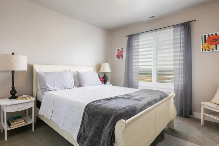 Wall-to-wall carpeting and a window with plantation shutters