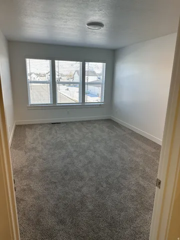 Neutral wall color, plush gray carpeting, and multiple windows with blinds