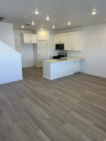 Open-concept kitchen and living area featuring wood-finish flooring