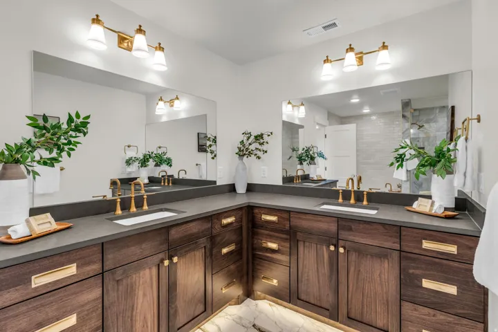 Dual vanity with dark wood-finish cabinetry, integrated sinks, dark countertops, and gold-tone hardware