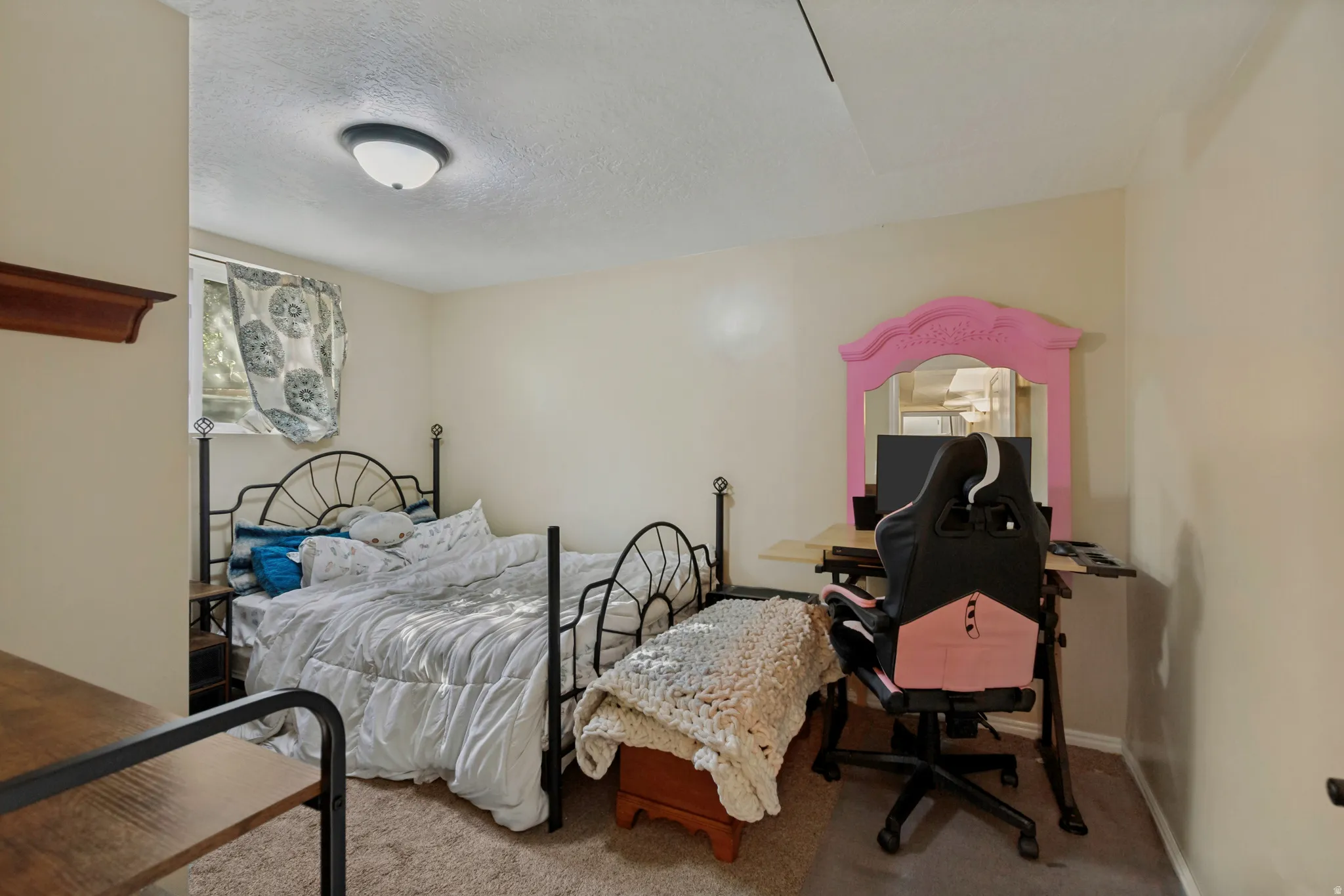 Wall-to-wall carpeting and a ceiling-mounted light fixture