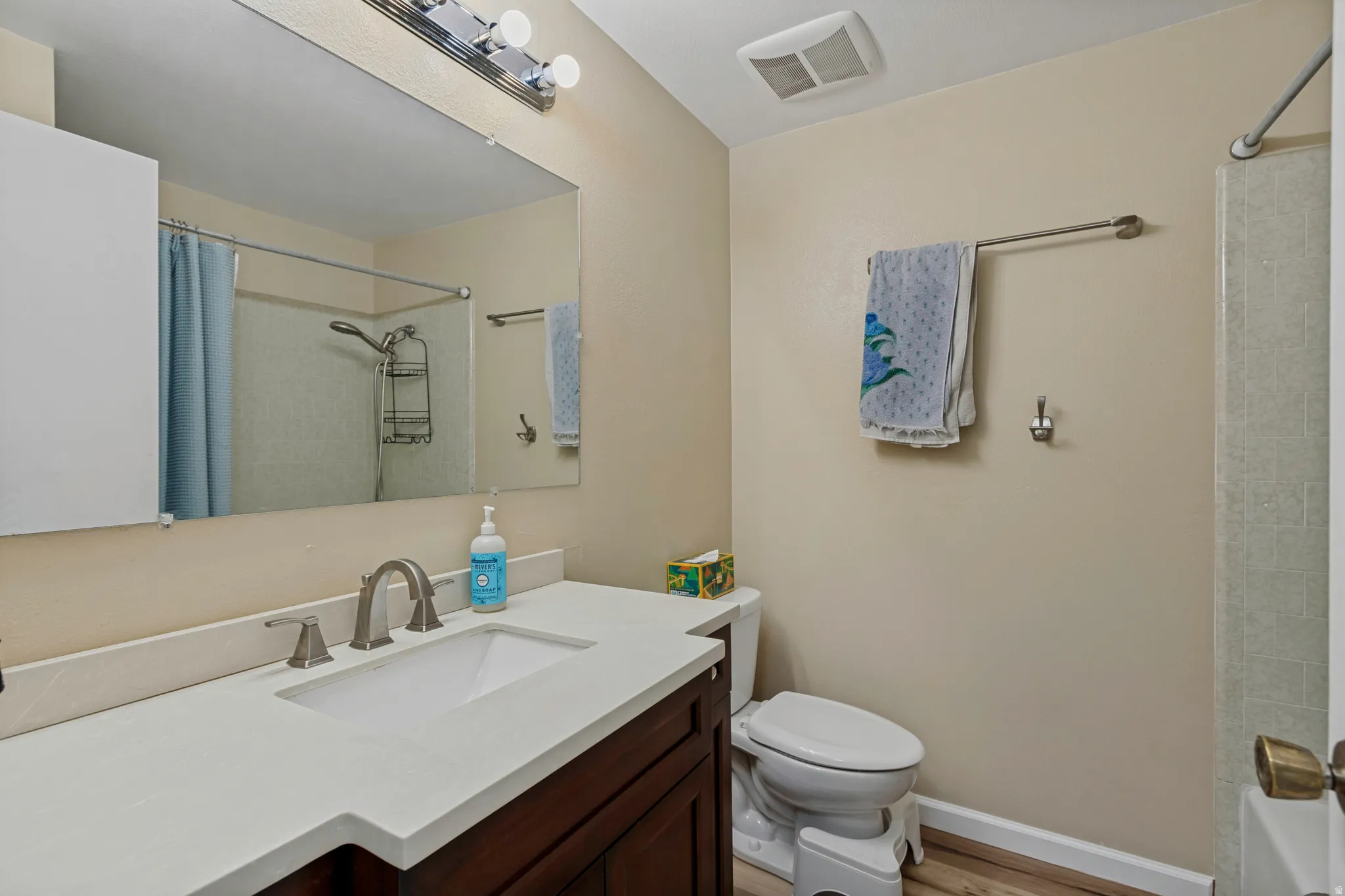 Vanity with integrated sink, brushed nickel faucet, large wall-mounted mirror, and wood-finish flooring