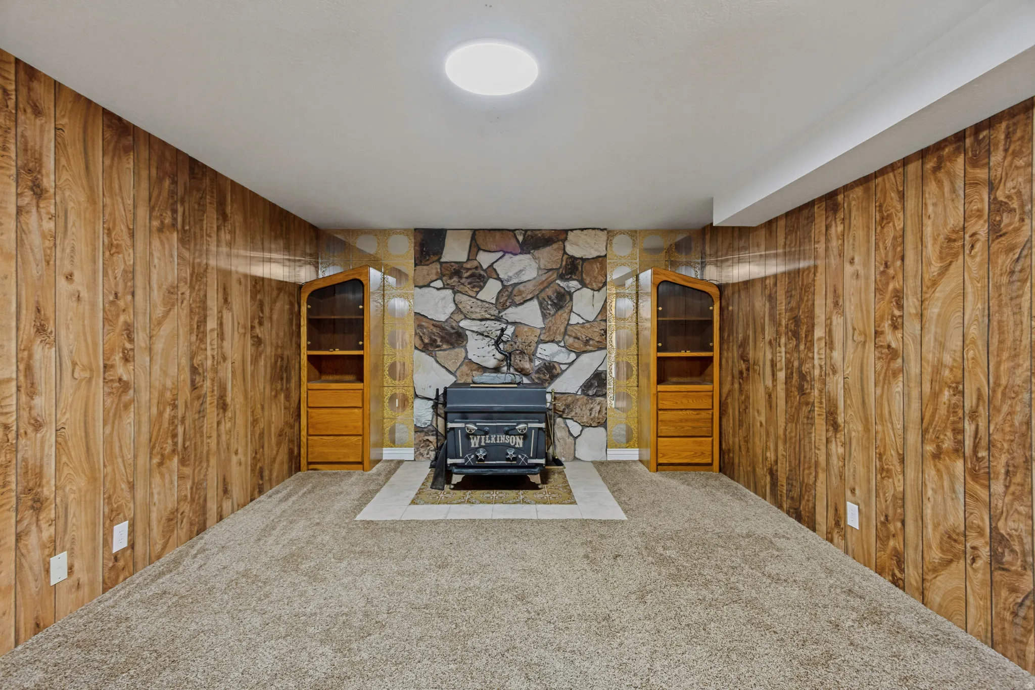 Wood paneling walls, stone-patterned accent wall, built-in display cabinetry, carpeted flooring, and a central ceiling light fixture