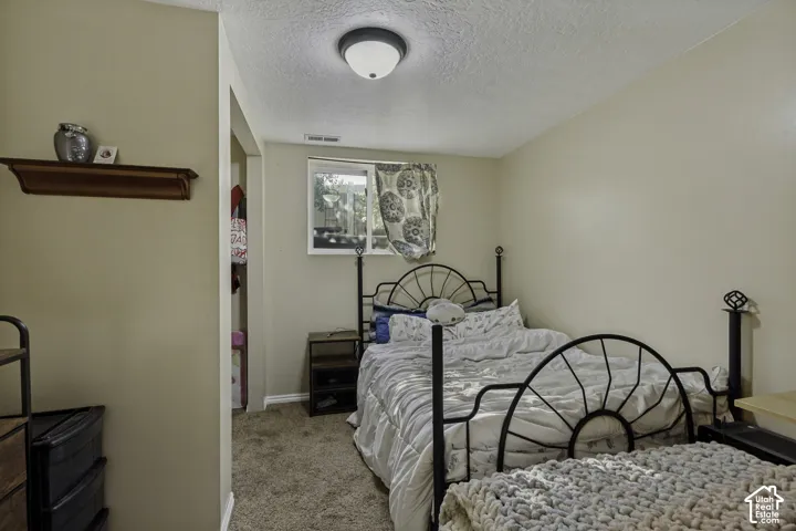 Textured carpet flooring, window with white trim, built-in shelving, and flush-mount ceiling light