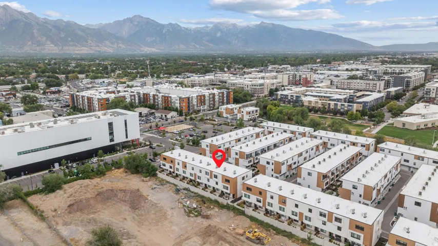 Modern townhome community with mountain backdrop