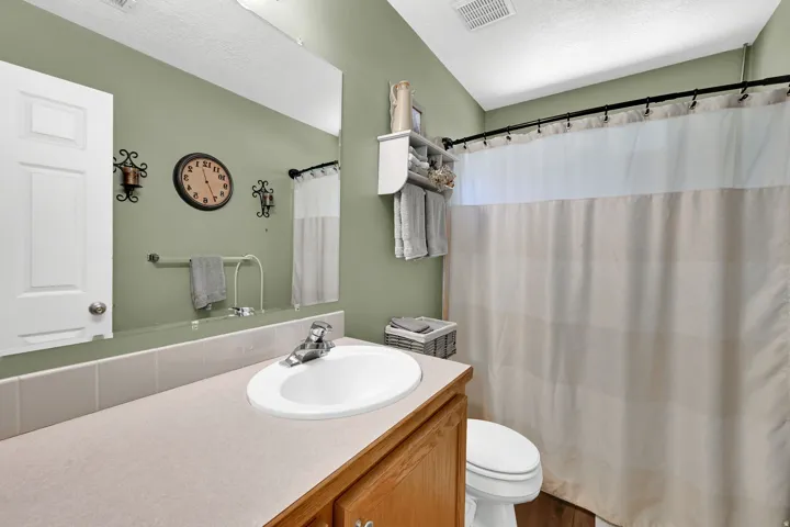 Recessed lighting, wood-finish flooring, built-in vanity with single basin sink, large wall-mounted mirror, and a white paneled door