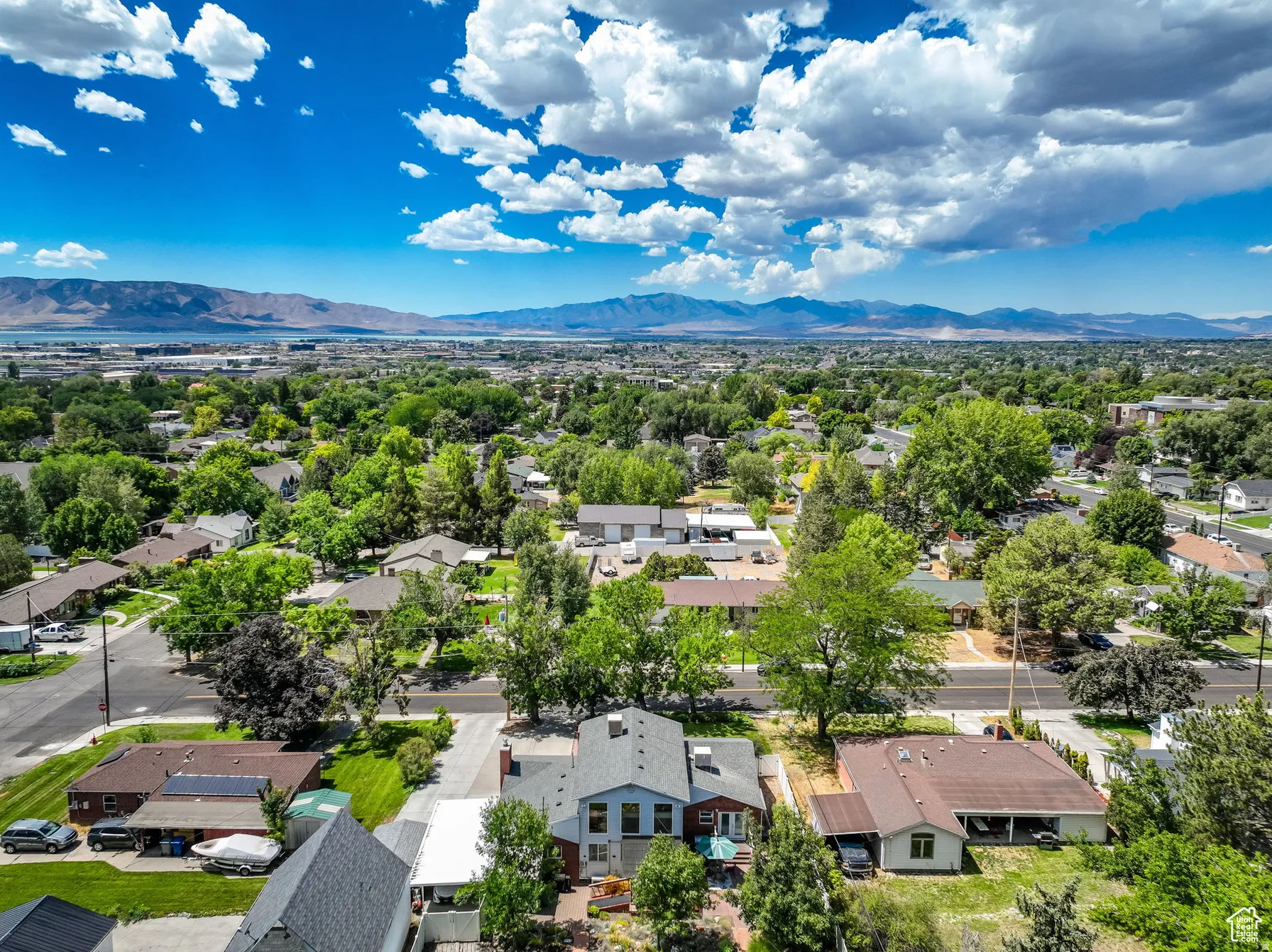 Residential neighborhood featuring mature trees and a distant mountain range