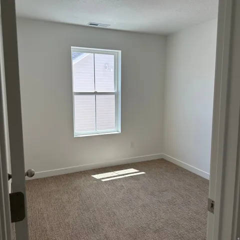Neutral carpet flooring with white trim