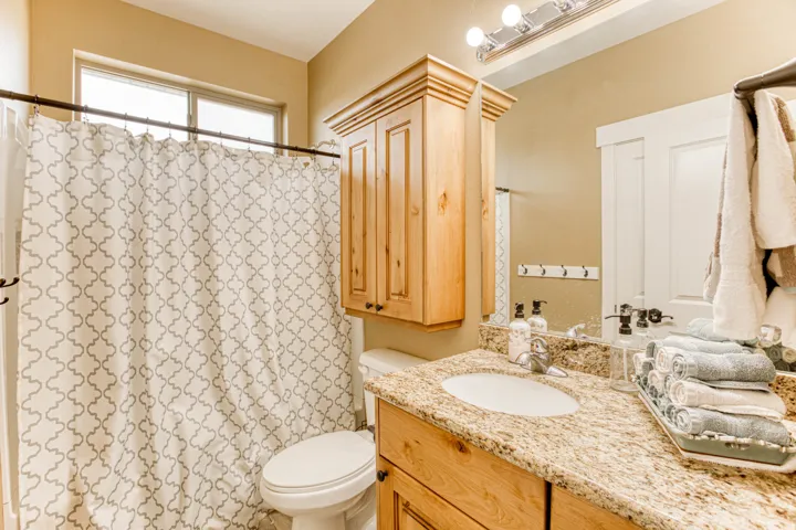 Single vanity with a granite countertop, undermount sink, and wood-finish cabinetry