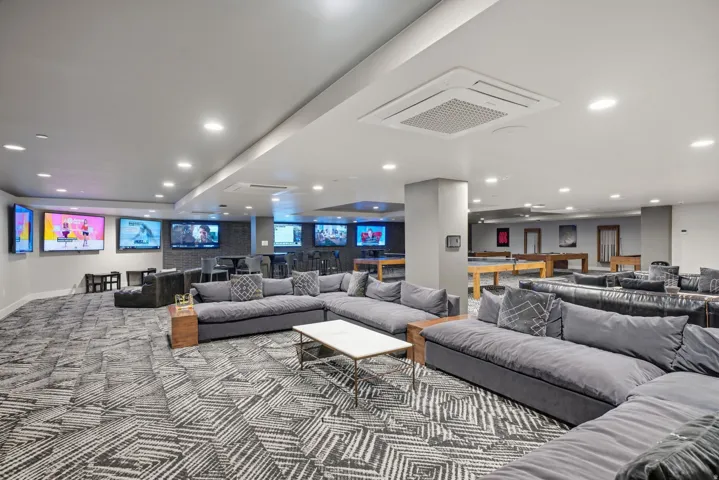 Expansive recreation room featuring multiple built-in display screens, recessed ceiling lighting, and a geometric patterned carpet throughout