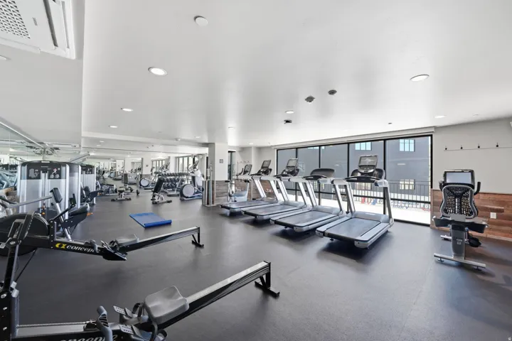 State-of-the-art fitness facility featuring multiple treadmills, elliptical machines, and strength training equipment