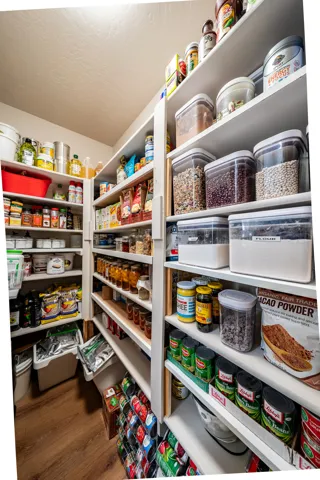 Walk-in pantry with extensive shelving, wood-finish flooring, and built-in storage solutions