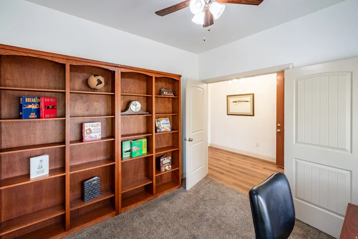 Built-in wood shelving, ceiling fan with light fixture, carpeted flooring, and white paneled doors