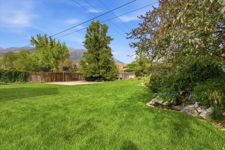 Expansive green lawn featuring mature trees and a decorative rock water feature