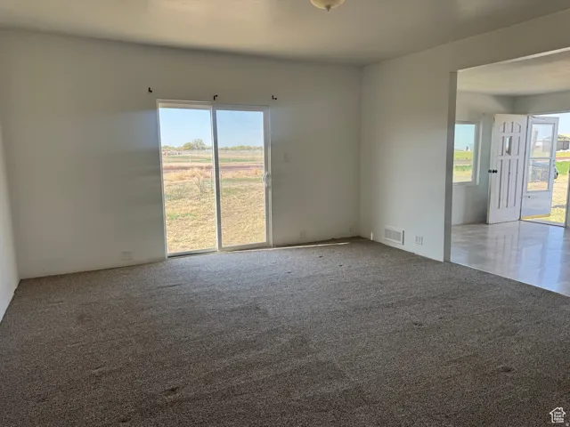 Sliding glass door, neutral carpeting, white interior walls, overhead light fixture, open doorway to an additional room