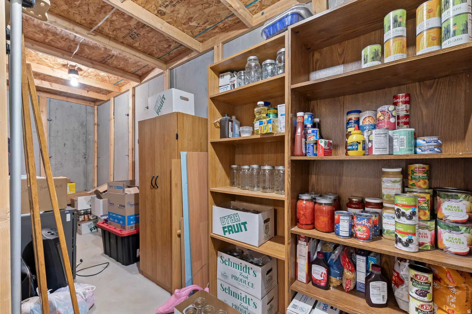 Unfinished basement space featuring exposed wooden ceiling joists, concrete walls, and extensive built-in shelving