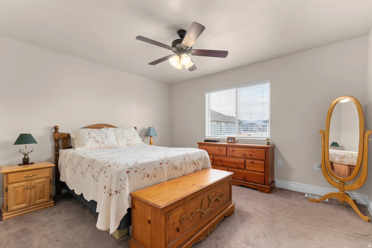 Recessed lighting, ceiling fan with light kit, window with blinds, and neutral wall paint