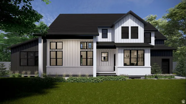 Modern farmhouse exterior featuring vertical white siding, black trim windows, a dark roof, a covered entry, and a two-car garage