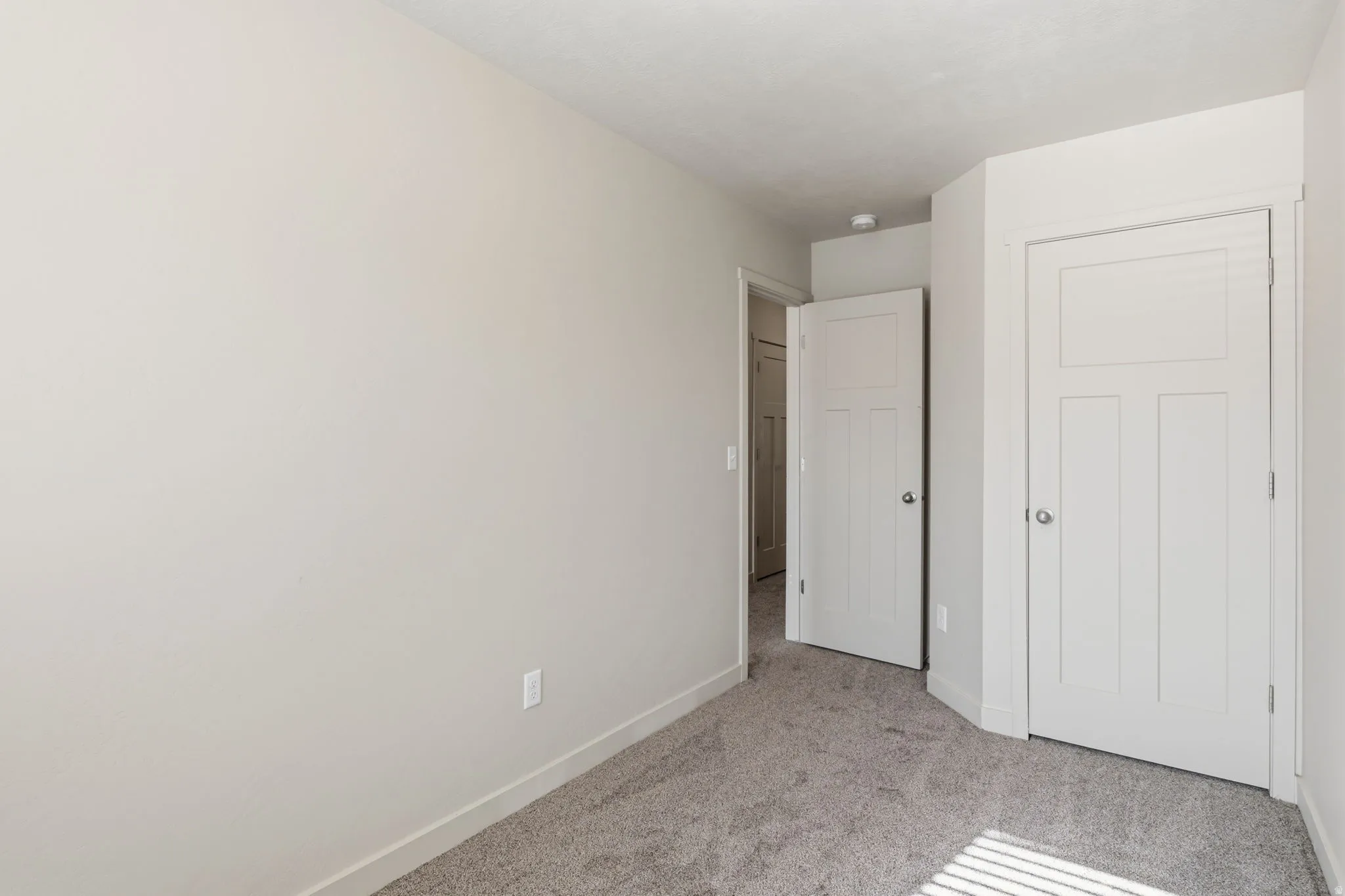 Neutral wall paint, textured carpet flooring, interior panel doors, and a built-in closet