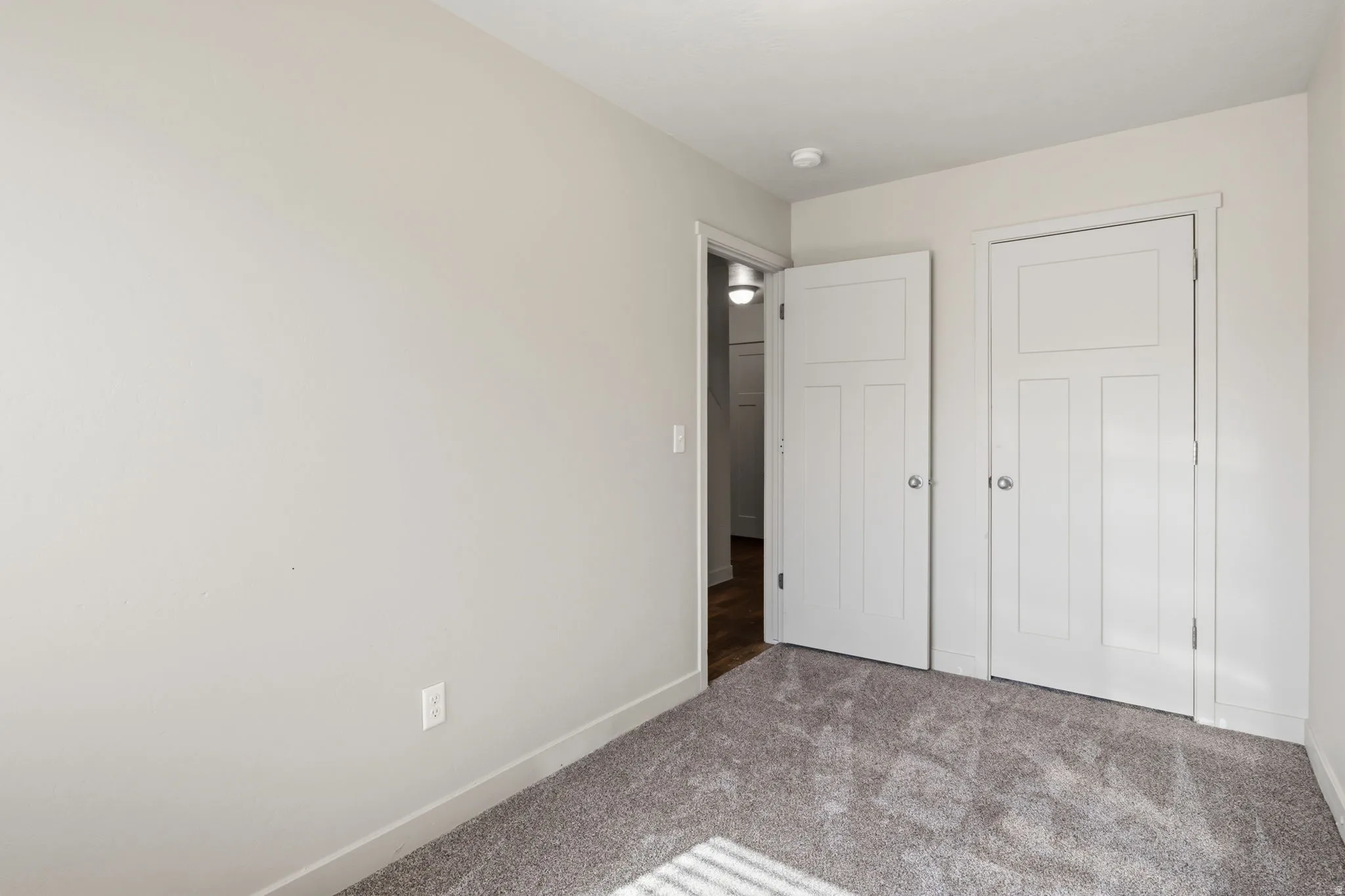 Neutral tone wall paint with matching trim, textured gray carpeting, and paneled interior doors with round hardware