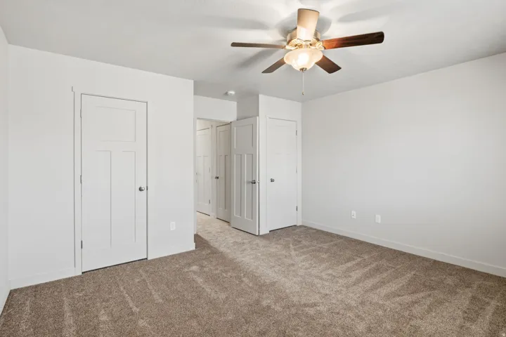 Spacious bedroom with neutral wall finishes, plush carpet flooring, and abundant natural light from multiple windows