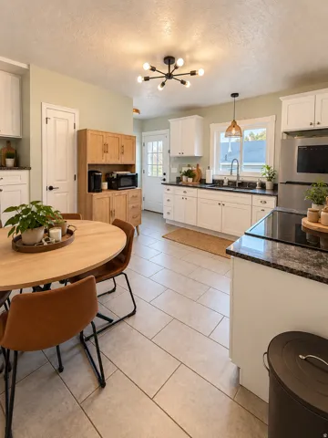 White cabinetry with black hardware, granite-style countertops, stainless steel appliances, and large format floor tiling