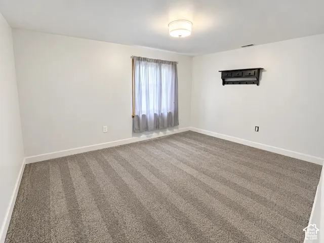 Interior room featuring neutral-toned carpeting, a flush-mount ceiling light fixture, and wall-mounted storage cabinetry with integrated hooks