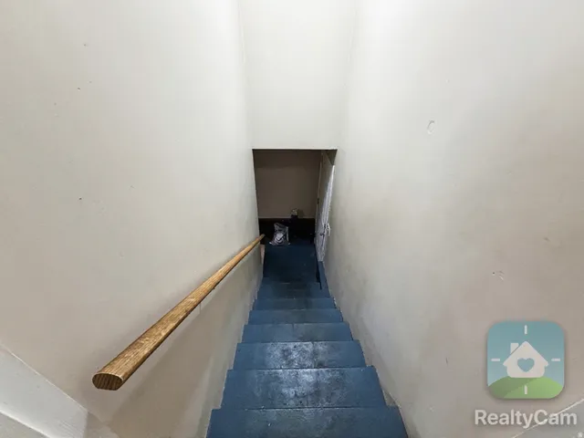 Staircase with painted treads and a wood handrail
