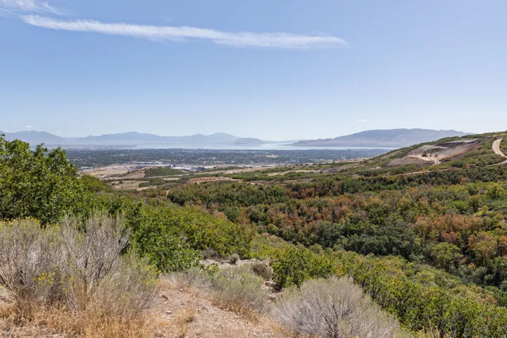 Expansive landscape with distant body of water and mountainous terrain