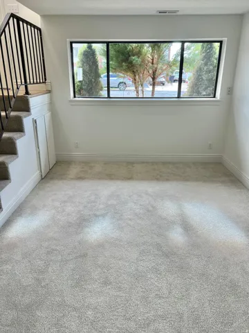 Plush carpeting throughout, a multi-pane window, and a staircase with a black metal railing