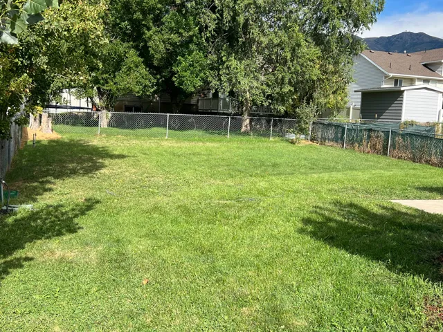 Expansive grassy yard with mature trees and perimeter fencing