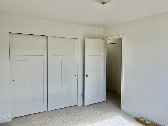 White paneled sliding closet doors, wall-to-wall carpeting, white interior doors, and a ceiling-mounted light fixture