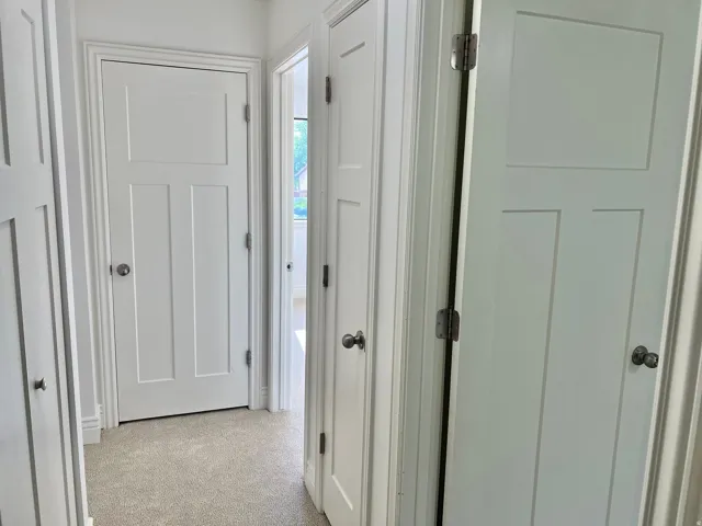 Neutral-toned carpeting paired with white paneled doors and coordinating trim