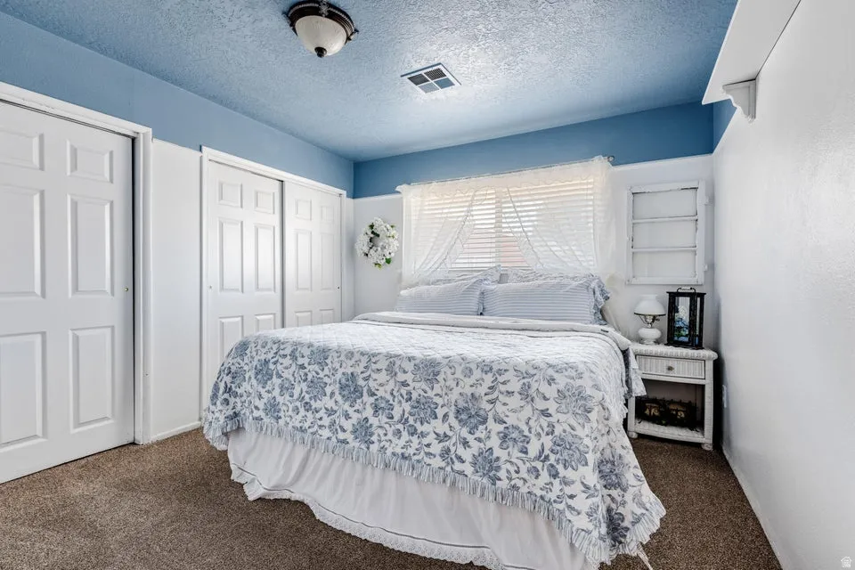 Dual white paneled closets, overhead lighting fixture, and a window with blinds