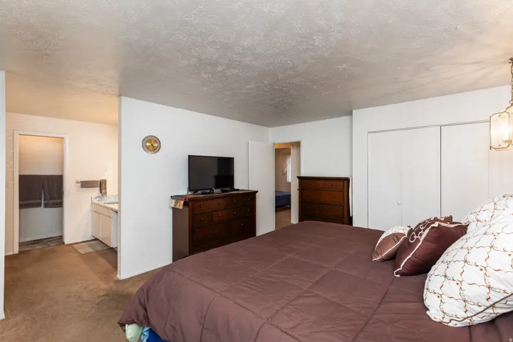 Spacious primary bedroom suite with wood-finish flooring, dual walk-in closets with sliding doors, and an ensuite bathroom