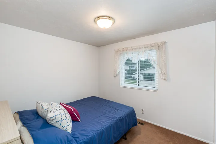 Carpeted flooring, white walls, and a ceiling-mounted light fixture