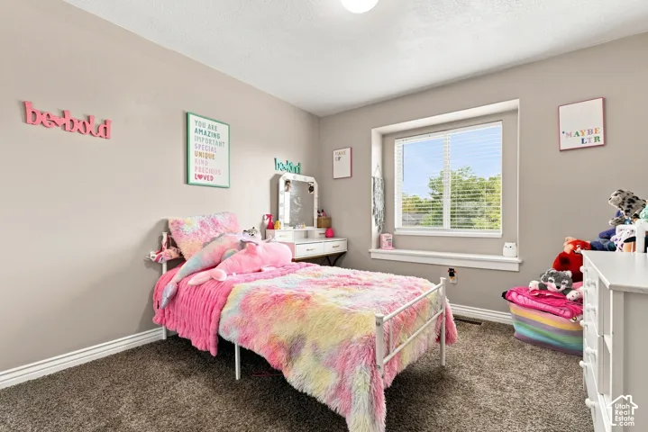 Plush carpet flooring, neutral painted walls, and a large window with blinds