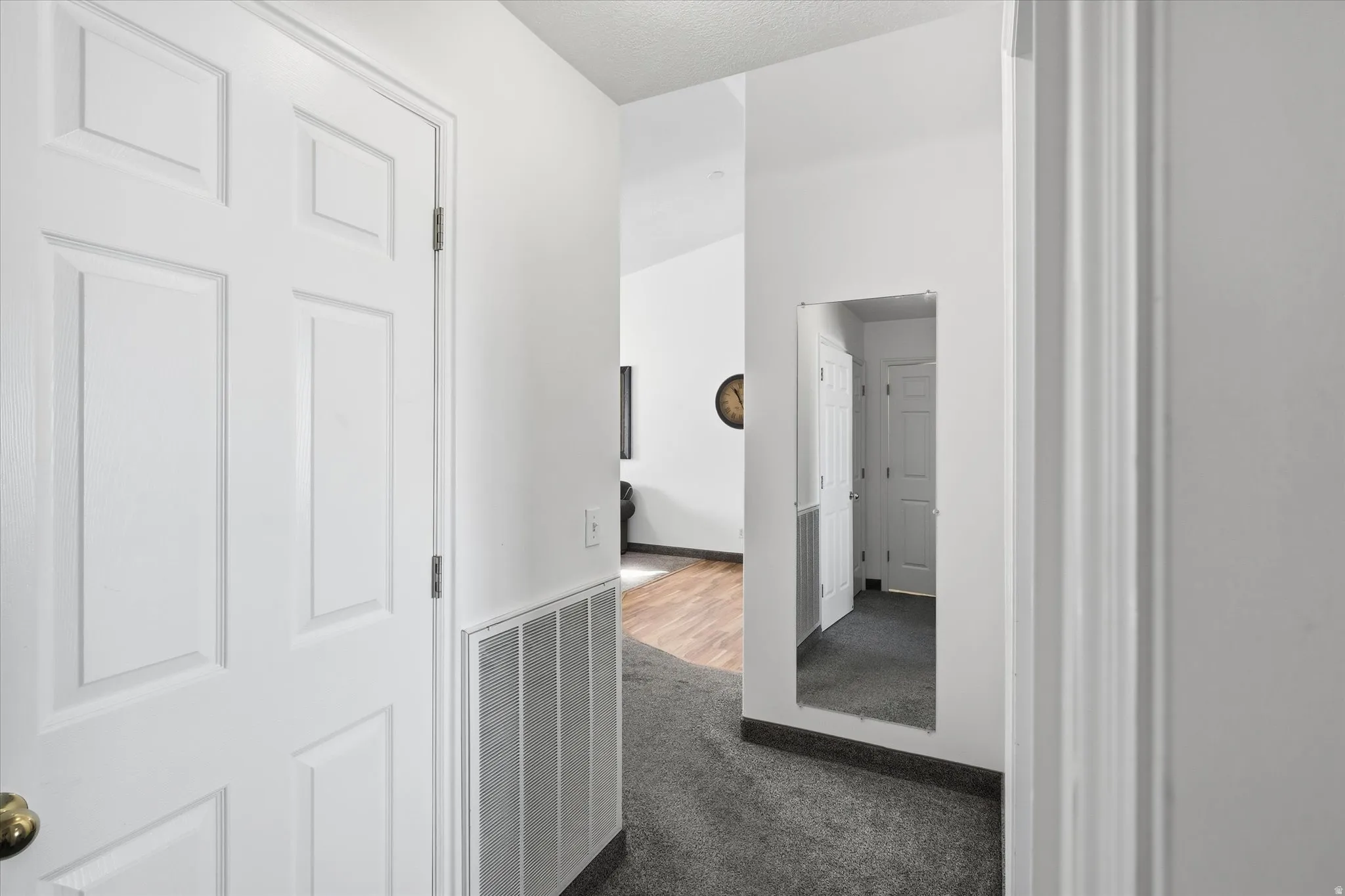 Hallway with textured carpeting, white paneled doors, and an integrated wall mirror