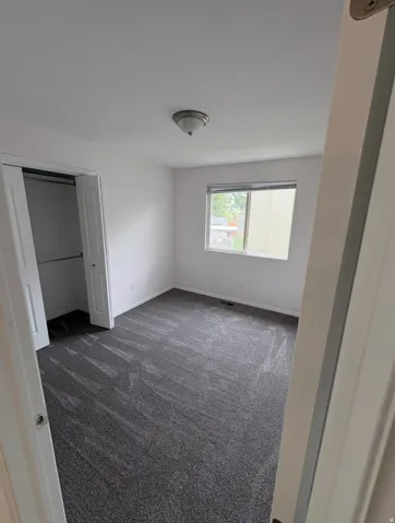 Plush grey carpeting, white wall paint, and a window with blinds