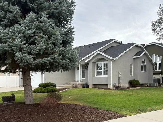 Stucco exterior with a bay window, attached garage, and mature landscaping including a large evergreen tree and mulched beds