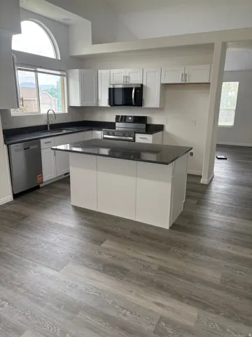 Kitchen featuring white cabinetry, dark countertops, a central island, stainless steel appliances, and wood-finish flooring
